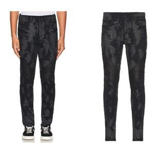 Purple Brand P001 Black Crackle Paint Foil Slim Jeans Mens Designer